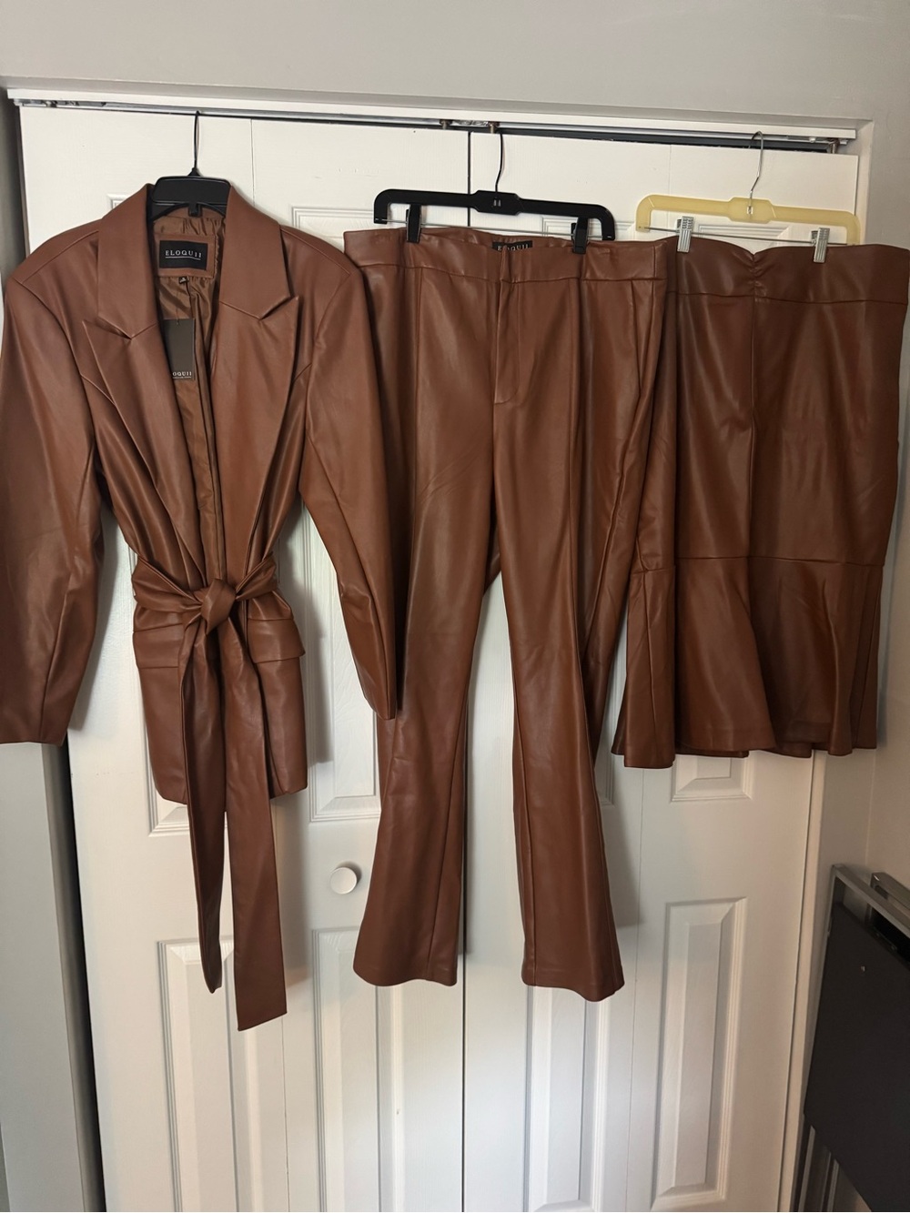 Eloquii Chestnut Faux Leather Wrap Jacket with Matching Pants & Skirt
